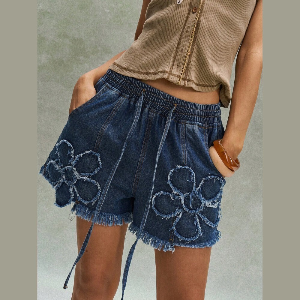 Blue Denim Frayed Floral Detailed Drawstring Waist Mini Shorts